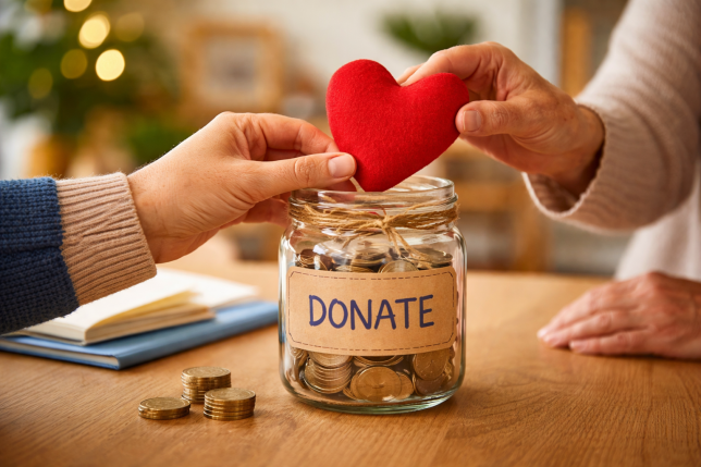 Hands placing a heart into a donation jar filled with coins, representing charitable giving and support.