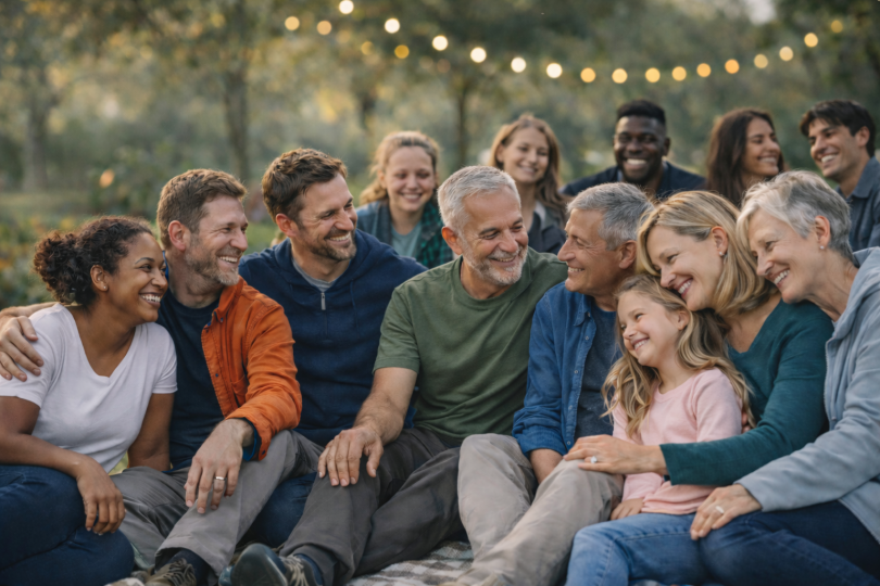 A diverse group of adults and a child sitting together outdoors, talking and smiling, representing community connection, inclusion and support for forces and families