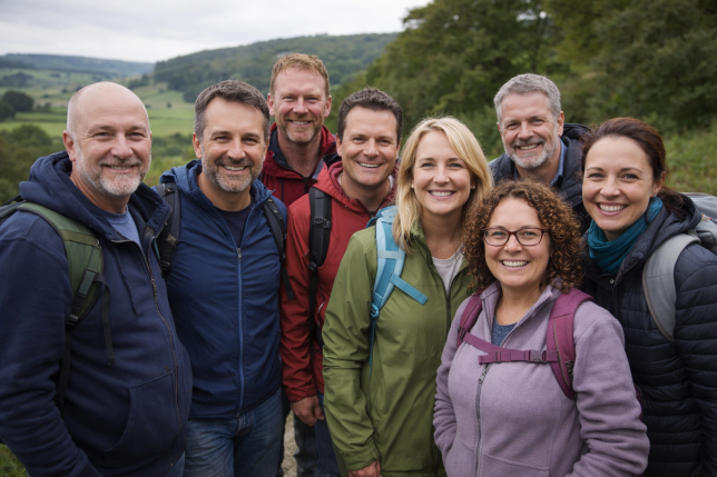 Group of adults walking together in the countryside, representing community connection and wellbeing.