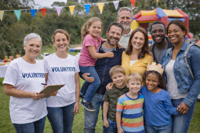 Volunteers and families smiling together at a community outdoor event with children, showcasing inclusive family support and connection.